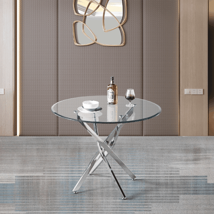 Contemporary Round Clear Dining Tempered Glass Table with Silver Finish Stainless Steel Legs