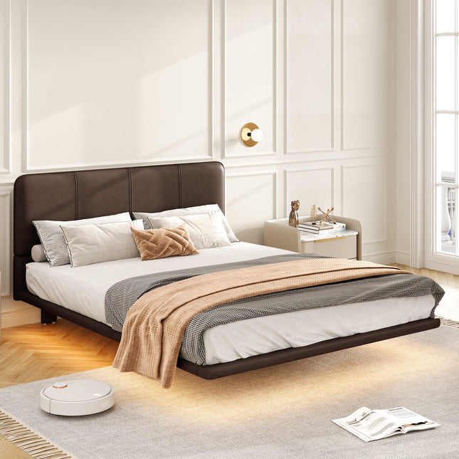 Floating Bed Frame with LED Light, Modern PU Leather Platform Bed, No Boxing Spring Needed, Assemble Easily, Full Size