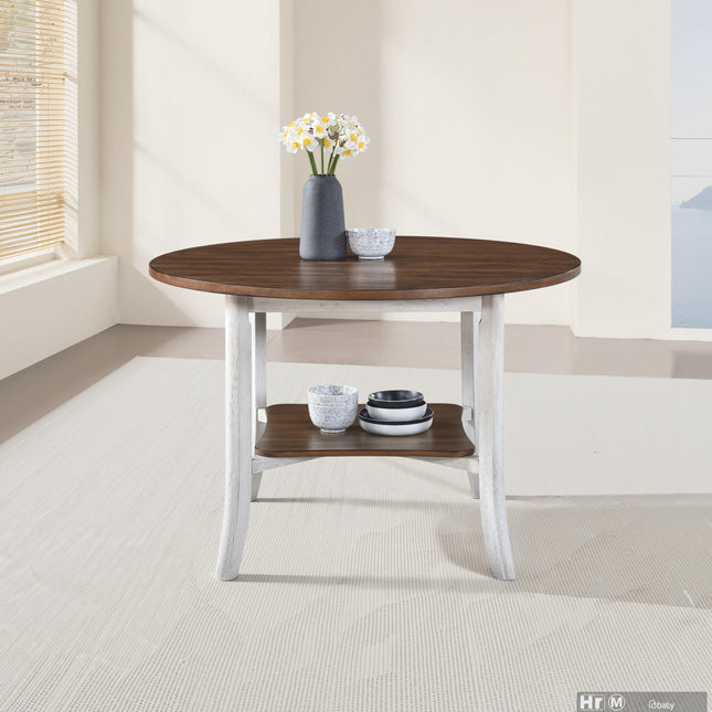 45.7' Round Dining Table with Storage Shelf, Modern Farmhouse Style, 30' Height, Rustic Dark Wood Top
