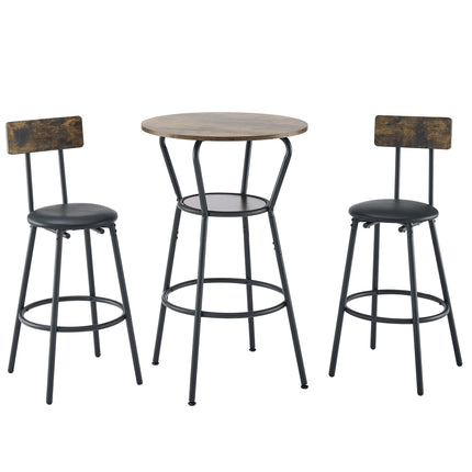 Rustic Brown Round Bar Table and Stool Set with Shelf, Upholstered Stool with Backrest, Metal & Wood, 24.17'W x 24.17'D x 36.02'H
