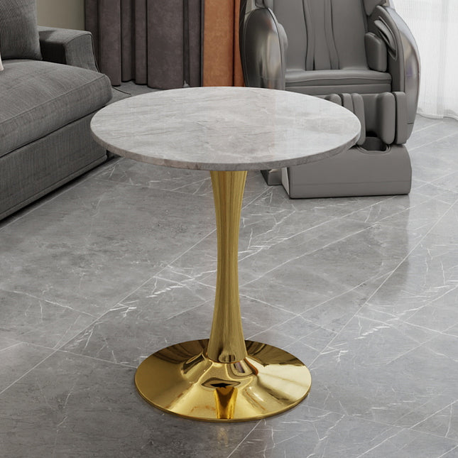 27.6-inch gold coffee table, mid-century modern style dining table, accommodates 2-4 people, featuring a round light gray textured marble tabletop, suitable for various settings.
