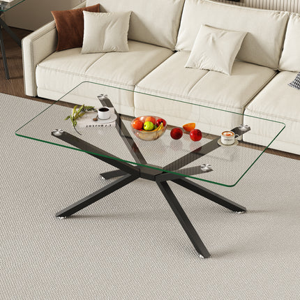 39.37' Rectangular Clear Tempered Glass Coffee Table,Stylish Design with Black Metal Legs, Coffee Table for Living Room