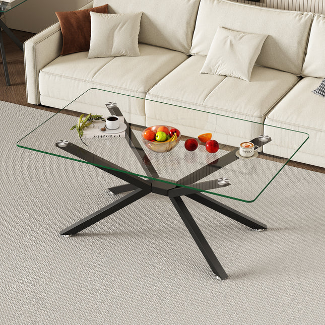 39.37' Rectangular Clear Tempered Glass Coffee Table,Stylish Design with Black Metal Legs, Coffee Table for Living Room