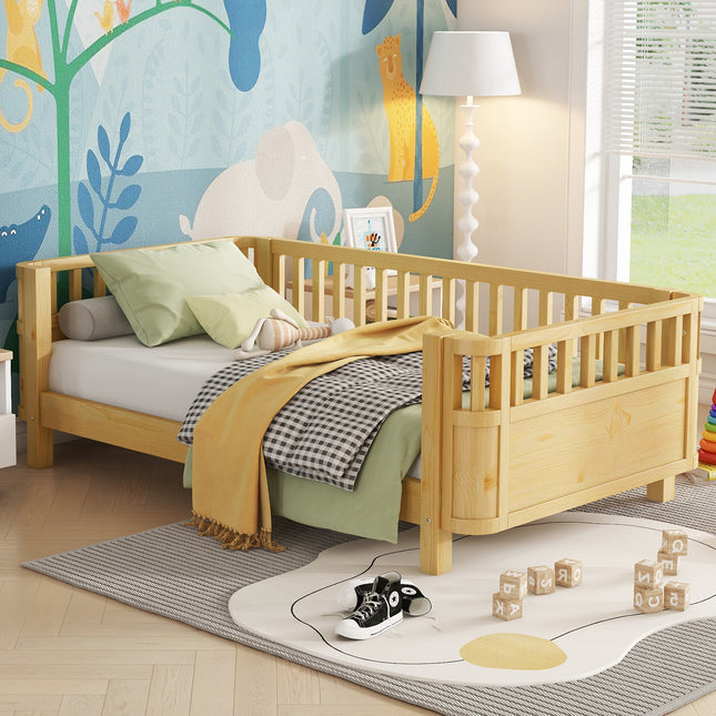 Twin Size Wood Platform Bed for Kids, Wood Low Profile Twin Bed with Rails for Girls and Boys, Natural (Patented Design, Old SKU W2593P190150)