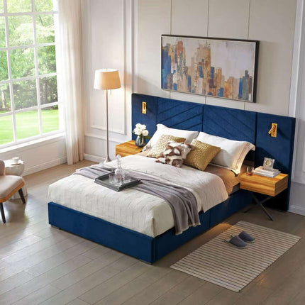 King Size Velvet Bed Frame/Vertical Channel Tufted Wingback Headboard/Upholstered Platform Bed/Strong Wooden Slats/No Box Spring Needed/Easy AssemblyRoyal blue