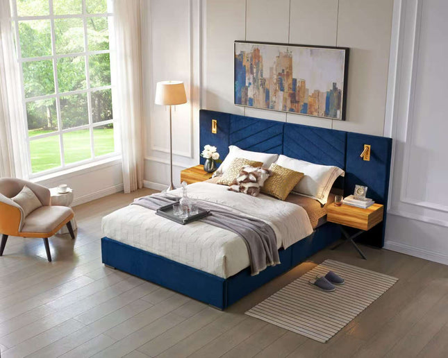 King Size Velvet Bed Frame/Vertical Channel Tufted Wingback Headboard/Upholstered Platform Bed/Strong Wooden Slats/No Box Spring Needed/Easy AssemblyRoyal blue