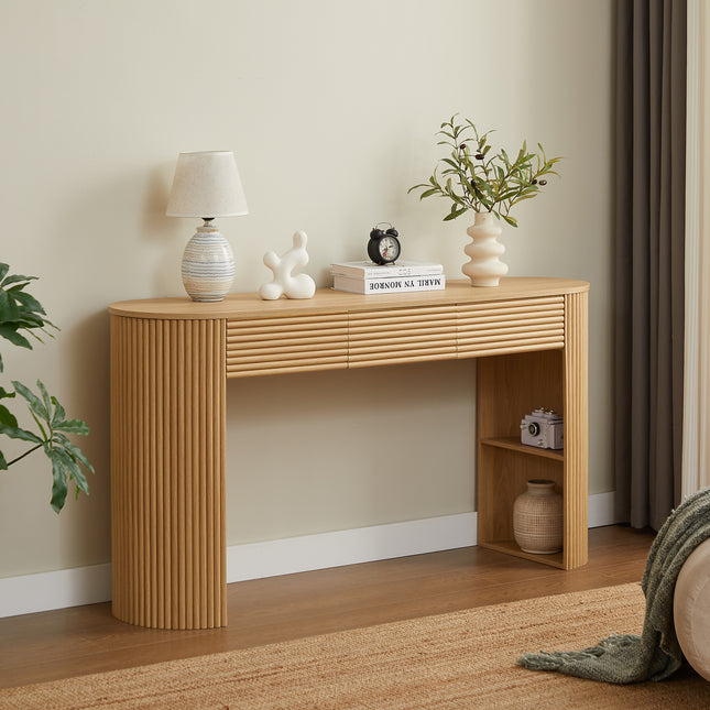 [Video] Retro Console Table with Storage, 3 Drawers, 1 Table-Leg Niche,  Round Slat Aesthetic, Entryway, Living Room & Hallway, Nature