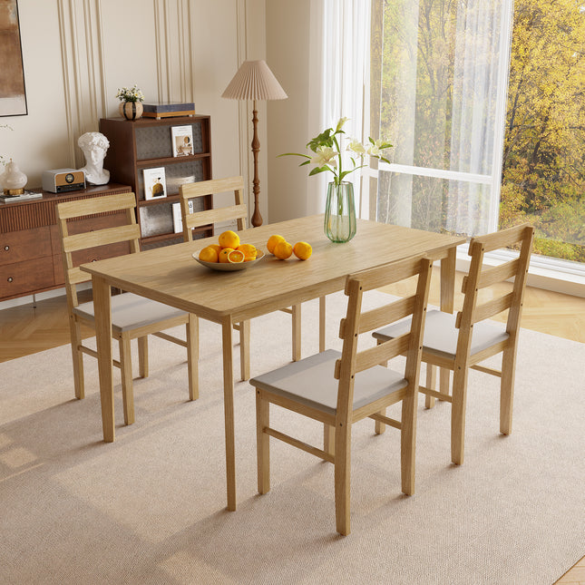 Original wood color solid wood dining table and chair set 5 pieces dining room table and chair set including 1 rectangle table + 4 back chairs Practical household wooden dining table and chair set