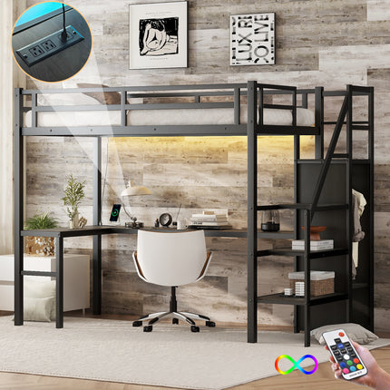 Twin XL Size Metal Loft Bed with Wardrobe and Adjustable Shelf