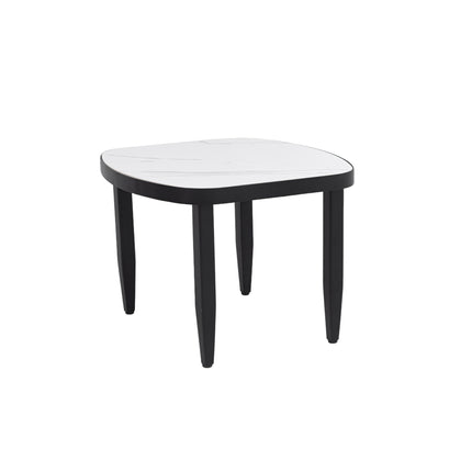 Modern Outdoor Elegance Arc 23.6'' Side Table with Greek White Marble-Inspired Sintered Stone Top, Aluminum Frame, Ember Black Finish, Post Tapered Legs & Rounded Corners, Weatherproof & Rust-Free