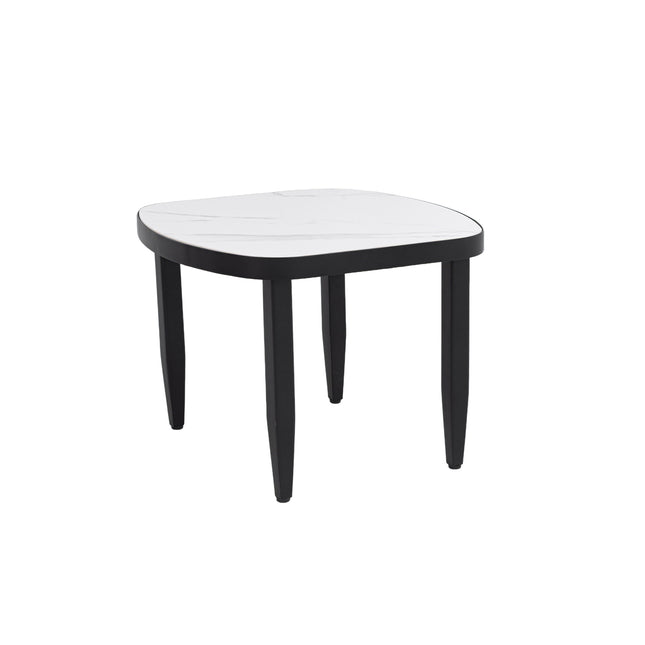 Modern Outdoor Elegance Arc 23.6'' Side Table with Greek White Marble-Inspired Sintered Stone Top, Aluminum Frame, Ember Black Finish, Post Tapered Legs & Rounded Corners, Weatherproof & Rust-Free