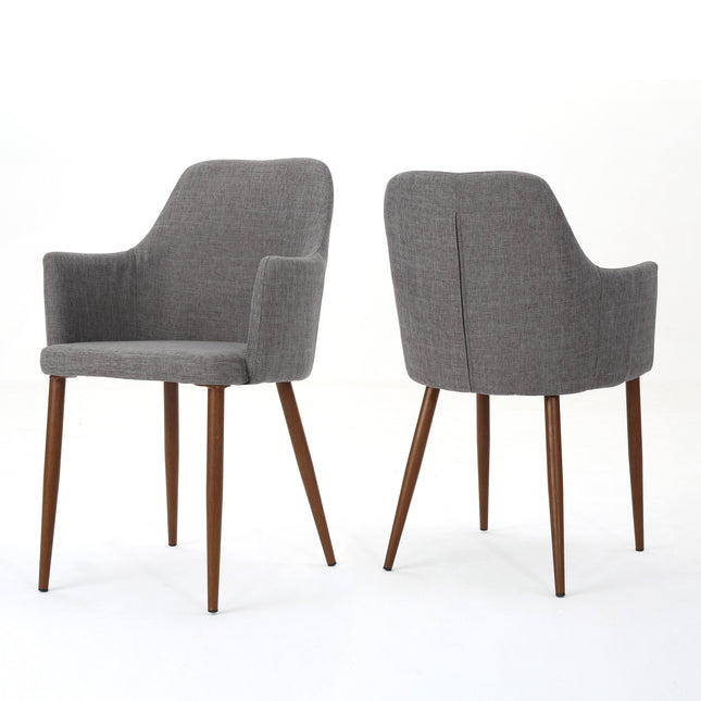 Elegant Dining Chair with Contoured Support in Light Grey Fabric and Wood Finish Metal Frame