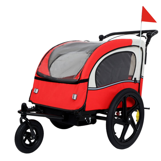 2-in-1 Double 2 Seat with 5-point safety harnesses Bicycle Bike Trailer Jogger Stroller for Kids Children Foldable Collapsible w/Pivot Front Wheel, Storage Bag