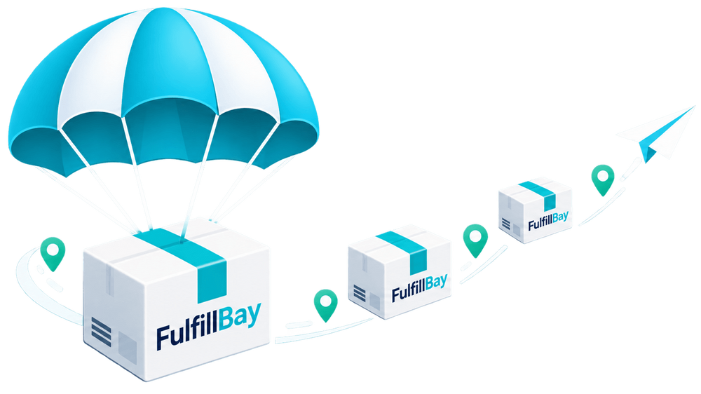 A digital illustration of FulfillBay shipping boxes with a blue and white parachute above the first box, plus a line of smaller boxes and location pins on a plain white background.