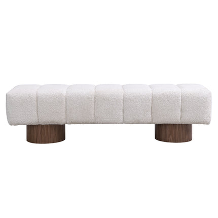Upholstered Dining Bench for Dining Room, No-Assembly End of Bed Entryway Bench Ottoman for Bedroom Living Room, Beige Faux Fur Fabric Stool Top Wood Leg 300 LBS Weight Capacity