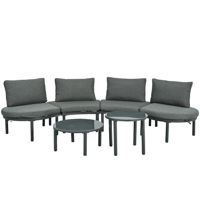 TOPMAX 6-Piece Patio Sofa Furniture Set, Half Moon Outdoor Sectional Sofa with 2 High-Low Coffee Tables, PE Wicker Rattan, Tempered Glass, 4 Pillows & Cushions, for Backyard, Garden, Poolside,Gray