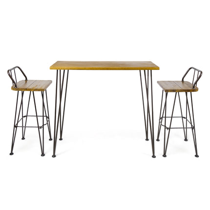 Dione Outdoor Industrial Teak Finished Acacia Wood Bar Set with Metal Frame and Slat Paneling