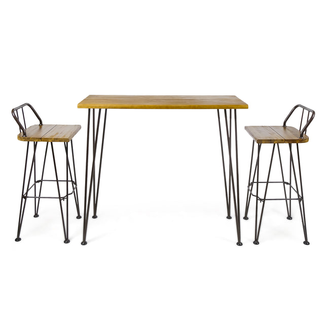 Dione Outdoor Industrial Teak Finished Acacia Wood Bar Set with Metal Frame and Slat Paneling