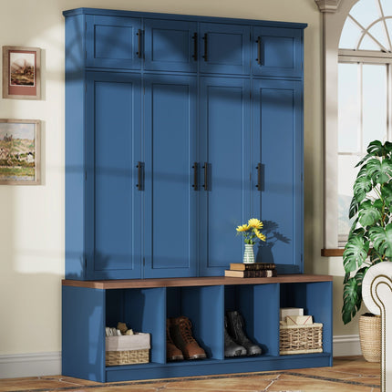 [Assembly Video] Farmhouse Hall Tree with 4 Hidden Hanging Hooks, Versatile Walnut Seating Bench with 8 Doors, Entryway Shoe Cabinet with Open Compartment for Living Room, Blue (OLD SKU:N721P286082C)