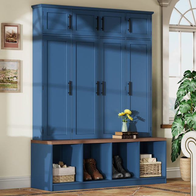 [Assembly Video] Farmhouse Hall Tree with 4 Hidden Hanging Hooks, Versatile Walnut Seating Bench with 8 Doors, Entryway Shoe Cabinet with Open Compartment for Living Room, Blue (OLD SKU:N721P286082C)