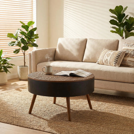 31.5-inch round coffee table with storage function, featuring an engraved tabletop, is an ideal beverage table for small spaces, serving as a modern-style accent side table suitable for living rooms,